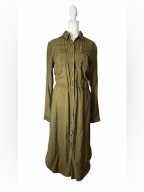 Anthropologie Maeve Olive Long-Sleeve Button-Front Shirt Dress. Size Medium.